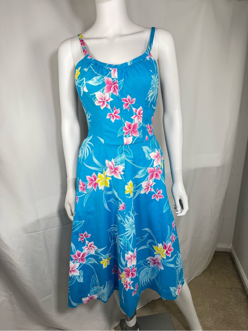 Vtg 60s 70s Paradise Hawaii Cotton Floral Sundress Blue Pink Smocked Mid-Midi